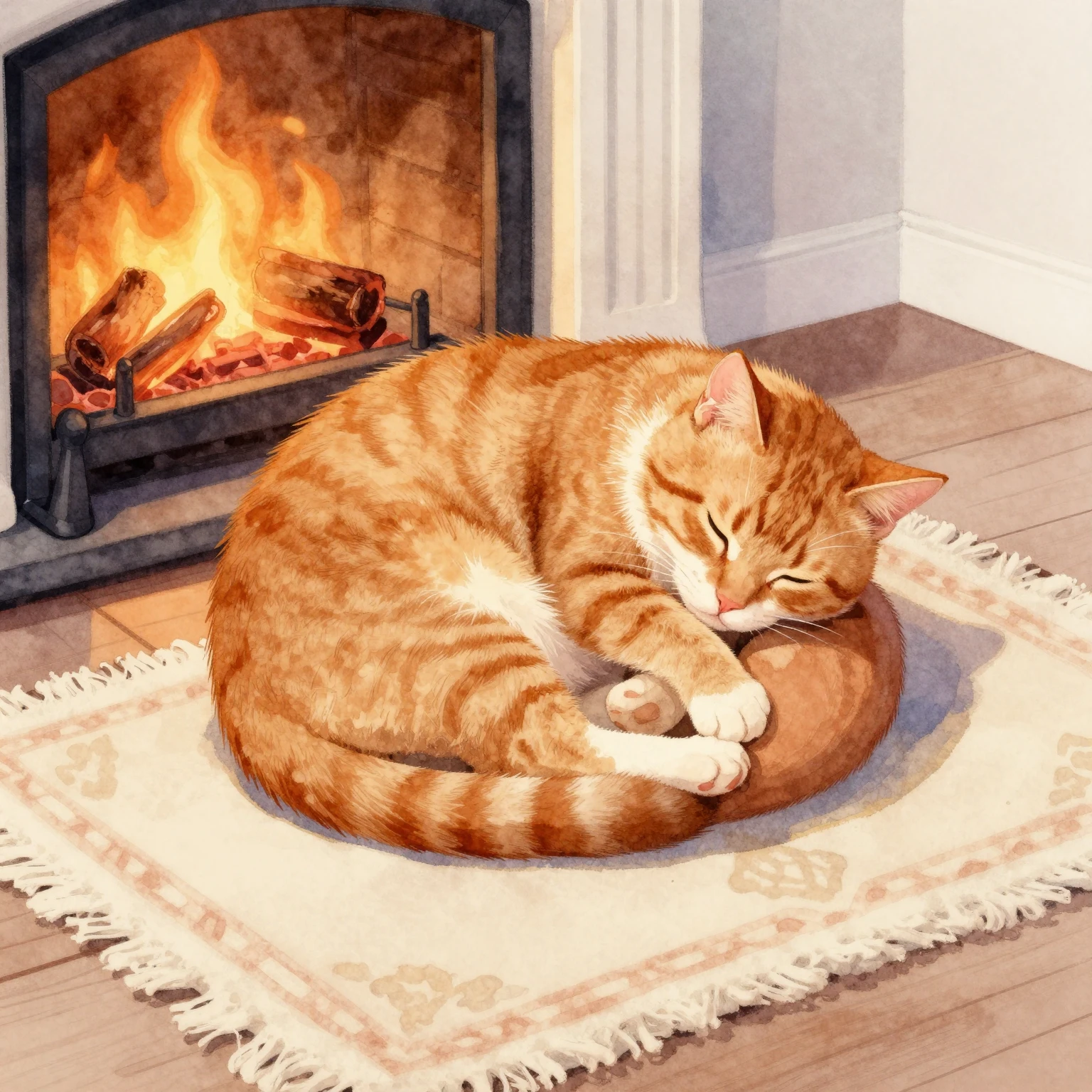 A watercolor illustration of a ginger cat curled up in a tig...