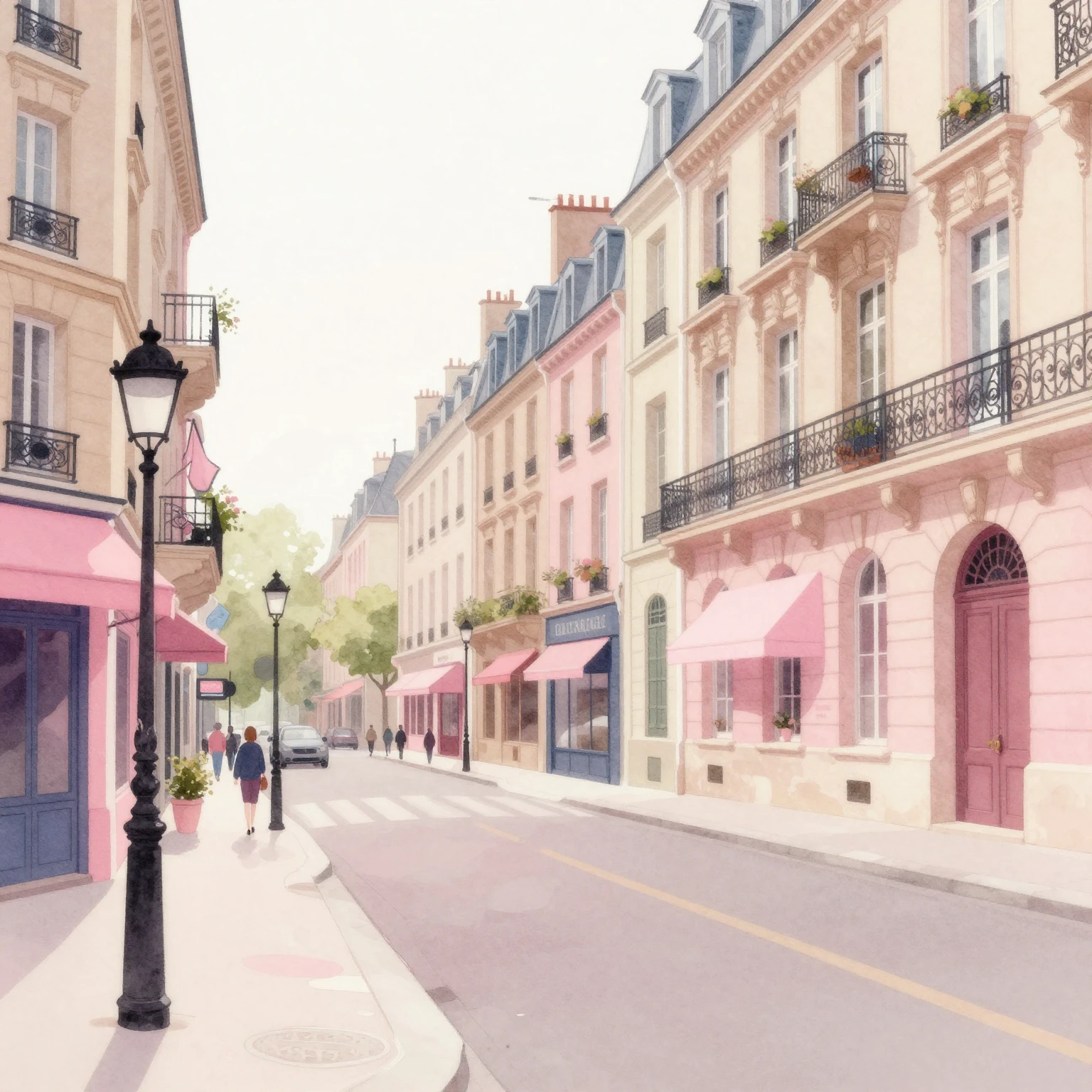 Artistic illustration of Parisian streets, soft pink color p...