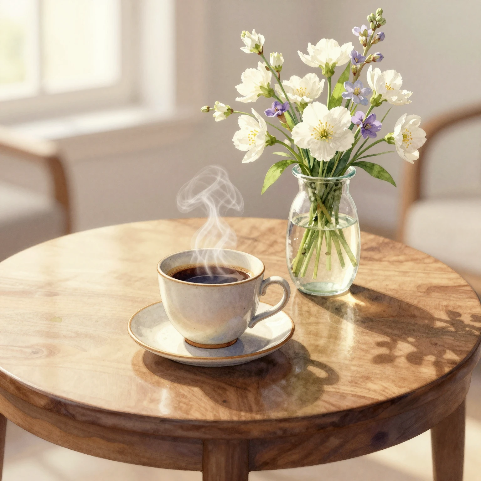 Watercolor artwork of an elegant coffee table setup. A steam...