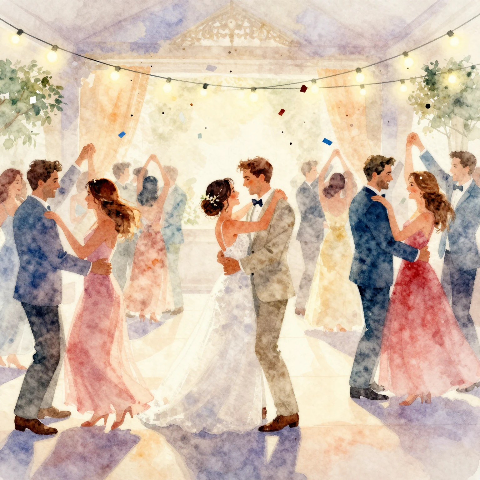 An artistic watercolor painting of a wedding dance floor fil...