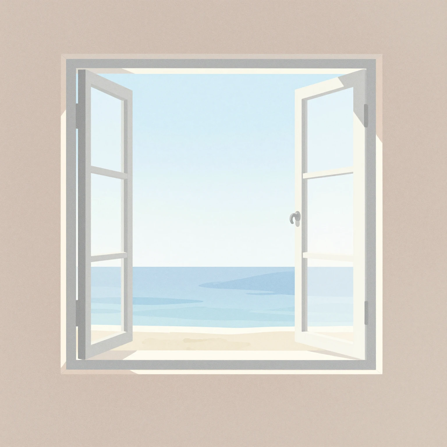 A watercolor illustration of a large open window with soft s...