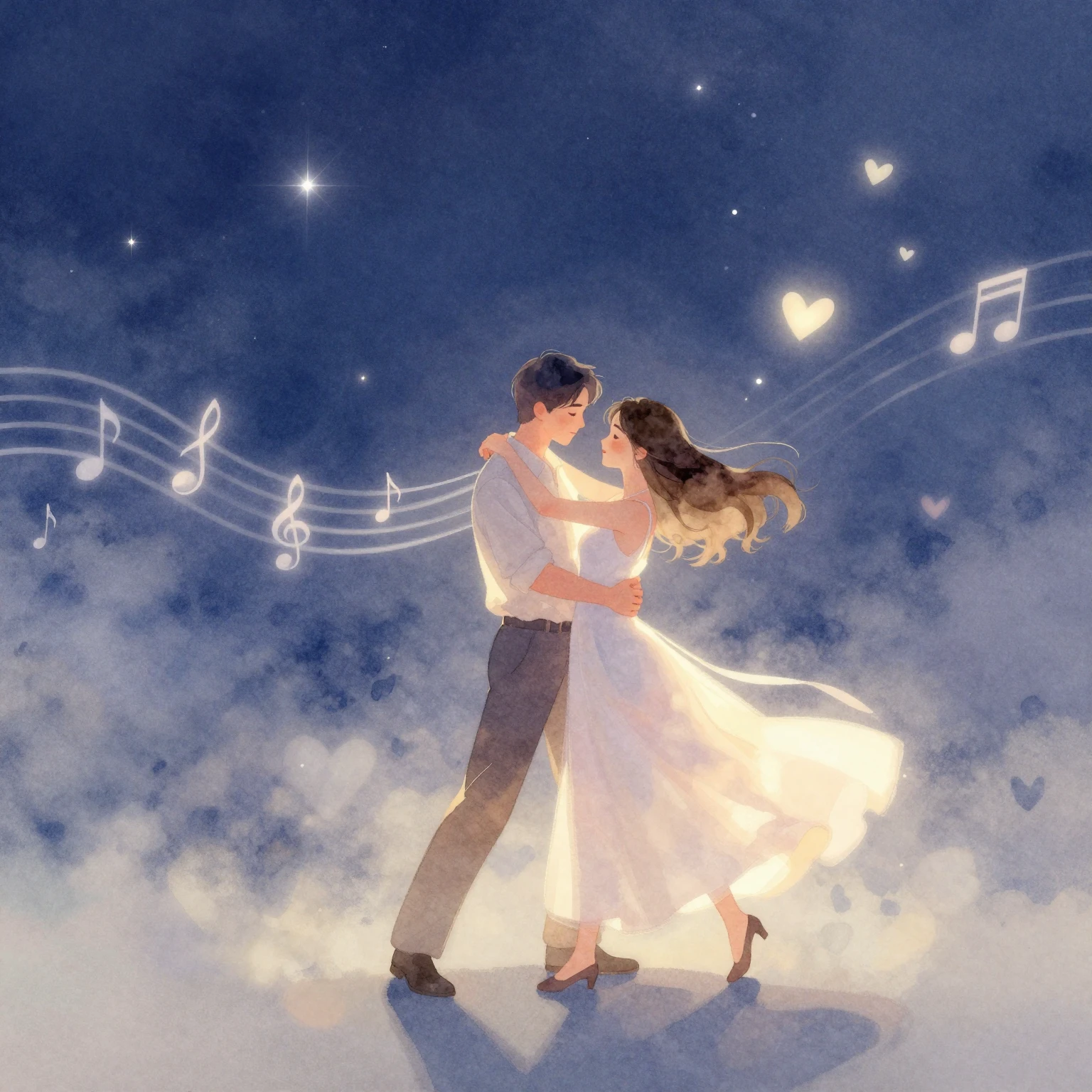 A dreamy, soft-focus watercolor illustration depicting a lov...