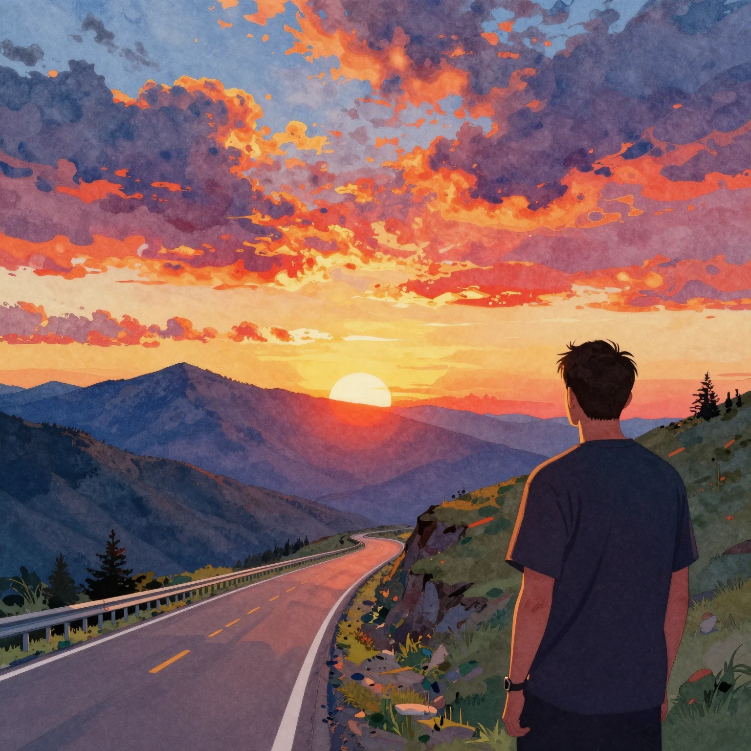 A watercolor and pop art style painting of a vibrant sunset ...