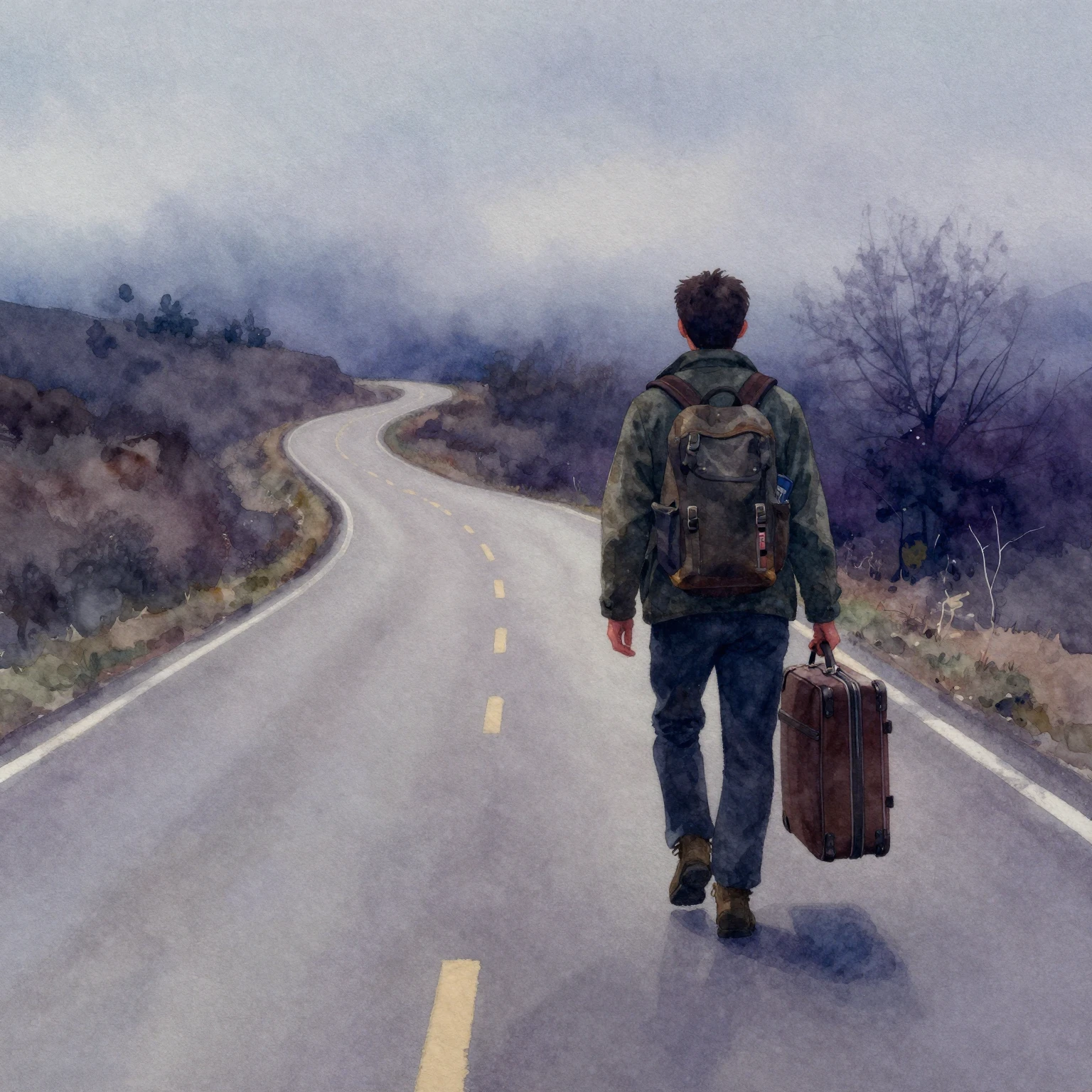Watercolor painting of a lonely traveler walking along an em...