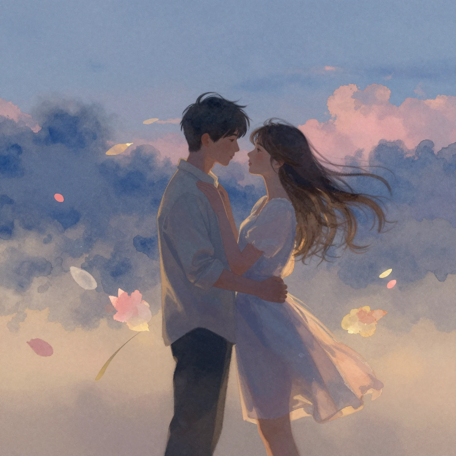 An artistic digital painting capturing a romantic moment bet...