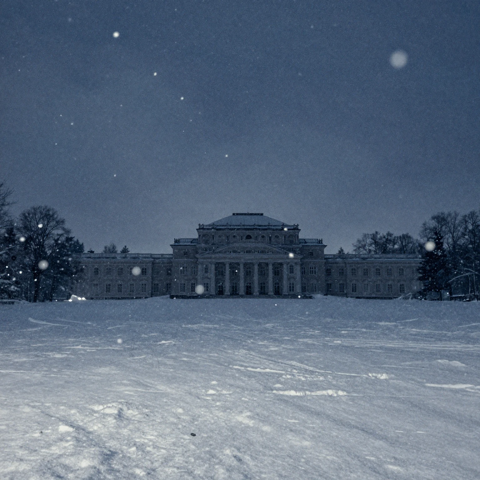 A vast, cold winter landscape at night, silhouette of a gran...