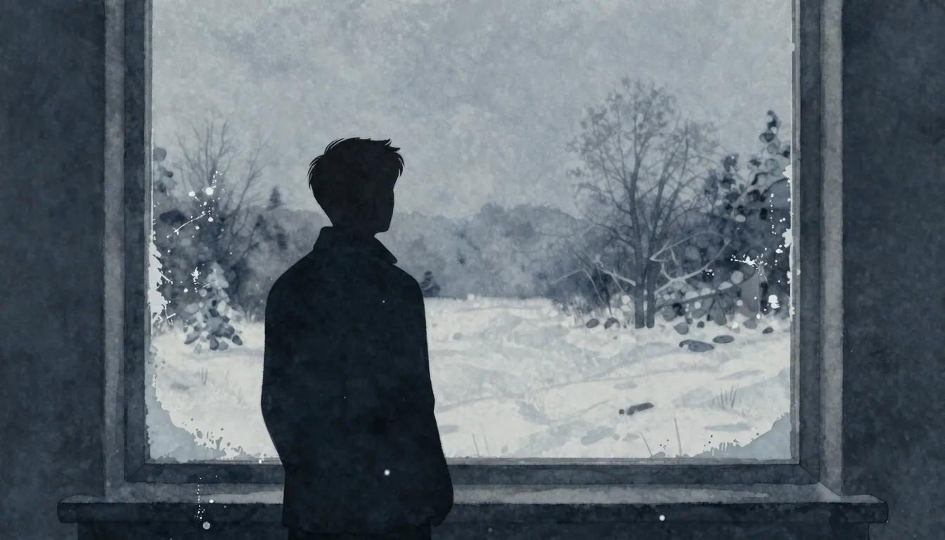 Watercolor style. A dark silhouette standing by a frozen win...
