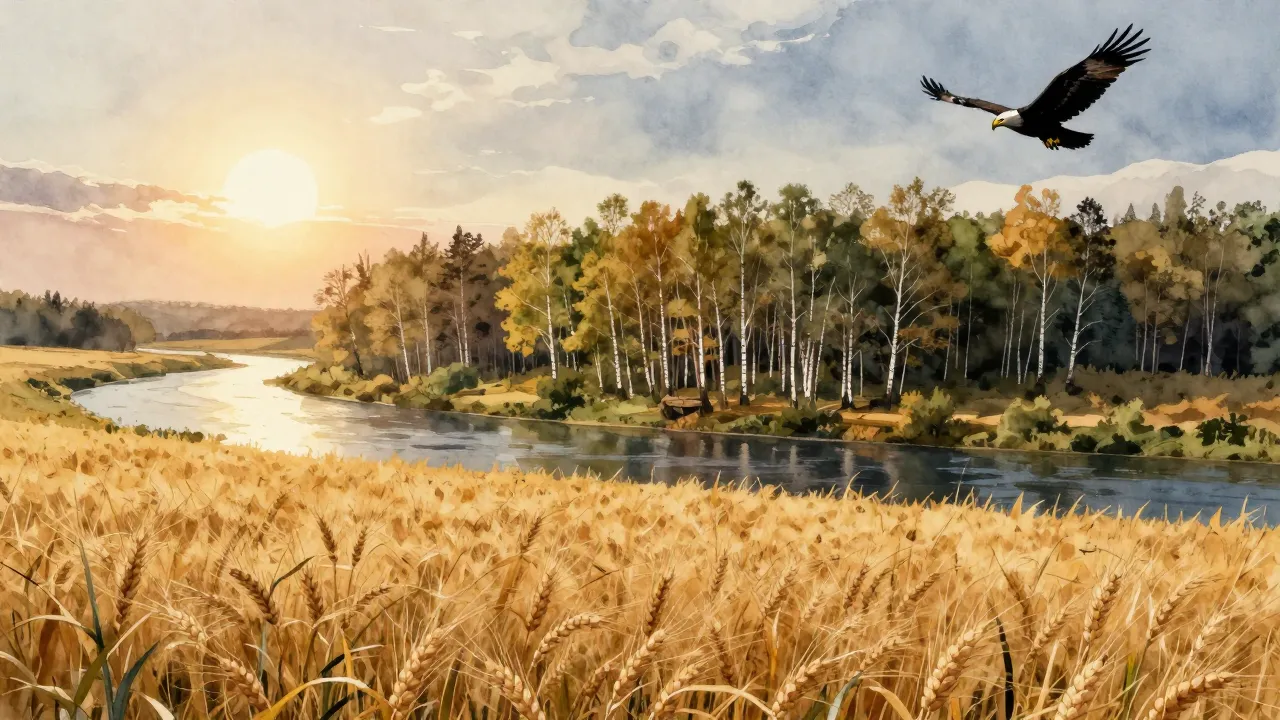 Watercolor style. A majestic landscape with a wide river, en...