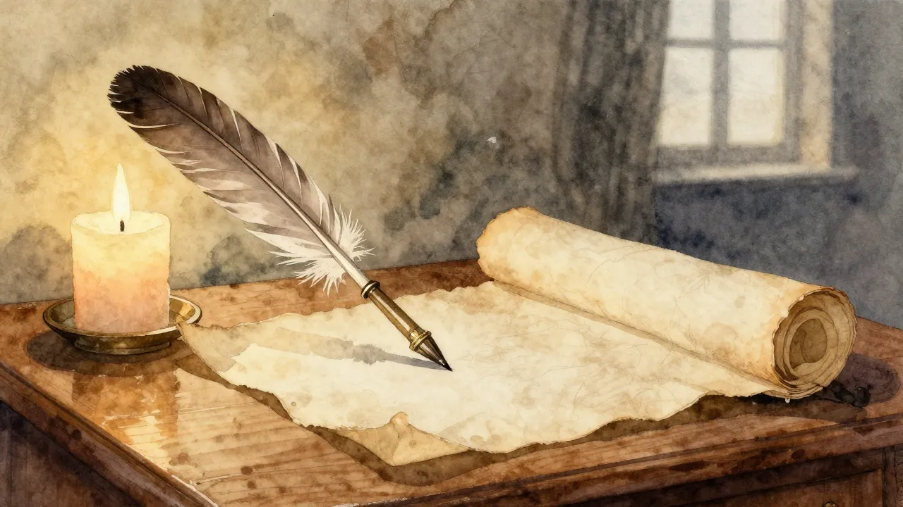 Watercolor style. A vintage quill pen on a wooden desk next ...