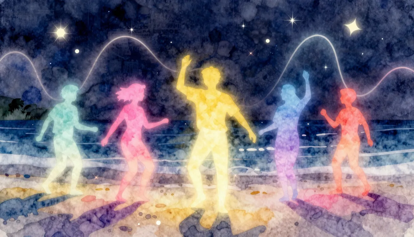 Watercolor style. Glowing neon silhouettes dancing on a beac...
