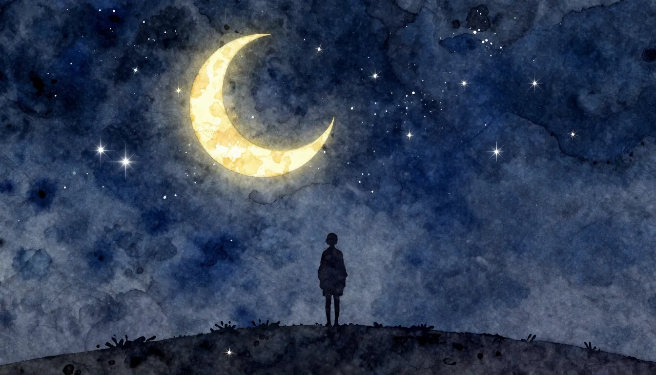 Watercolor style. A silhouette of a person standing on a hil...