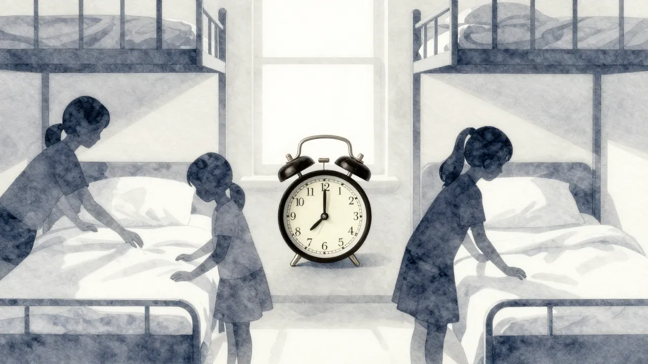 Watercolor style. Silhouettes of girls making beds in a dorm...