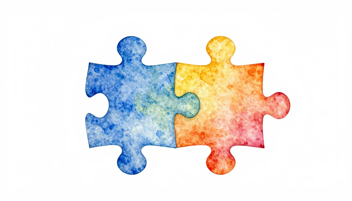 Watercolor style. Two bright puzzle pieces of different colo...