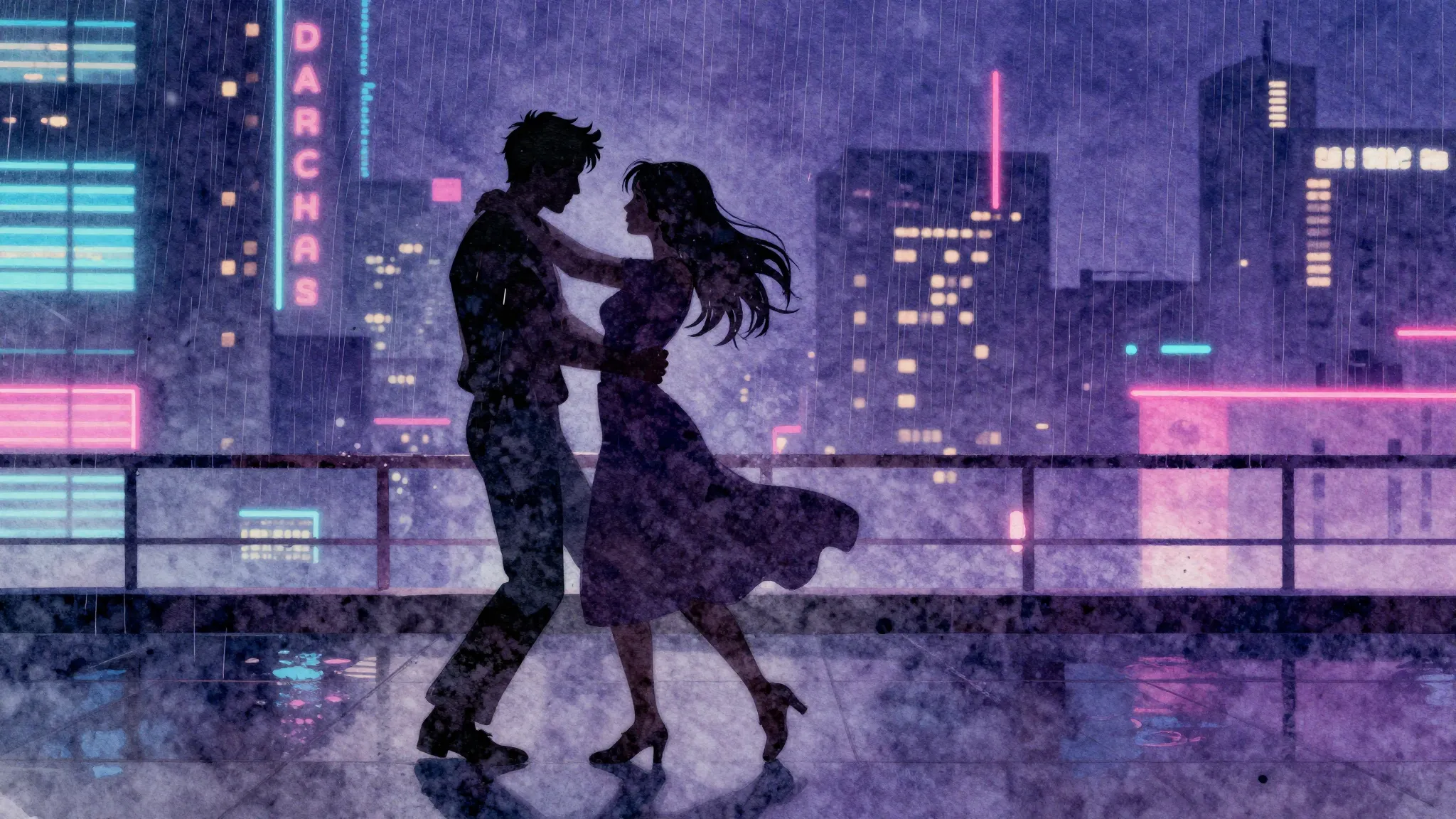 Watercolor style. Silhouette of a couple dancing under neon ...