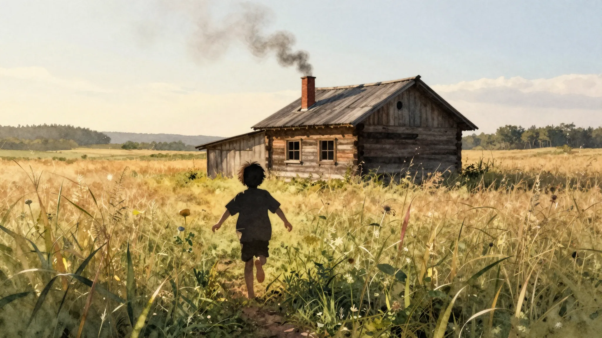 Watercolor style. Silhouette of a small child running barefo...