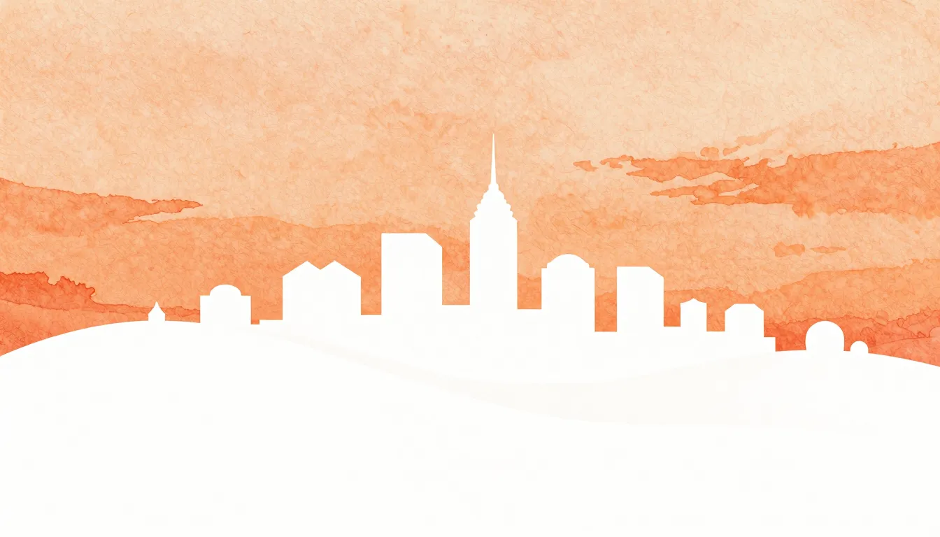 Watercolor style. Minimalist silhouette of a city built on w...