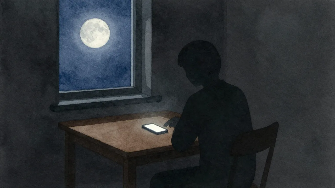 Watercolor style. A dark room with a single silhouette of a ...