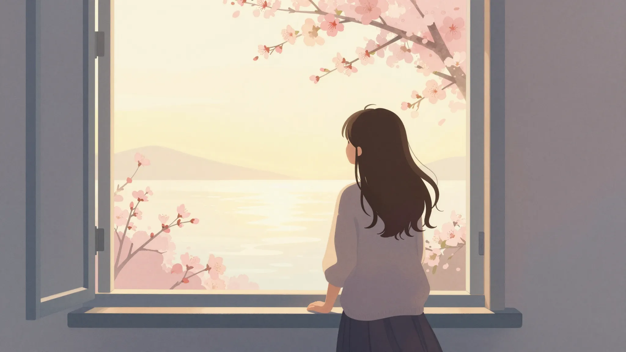 Watercolor style. A silhouette of a girl looking out a windo...