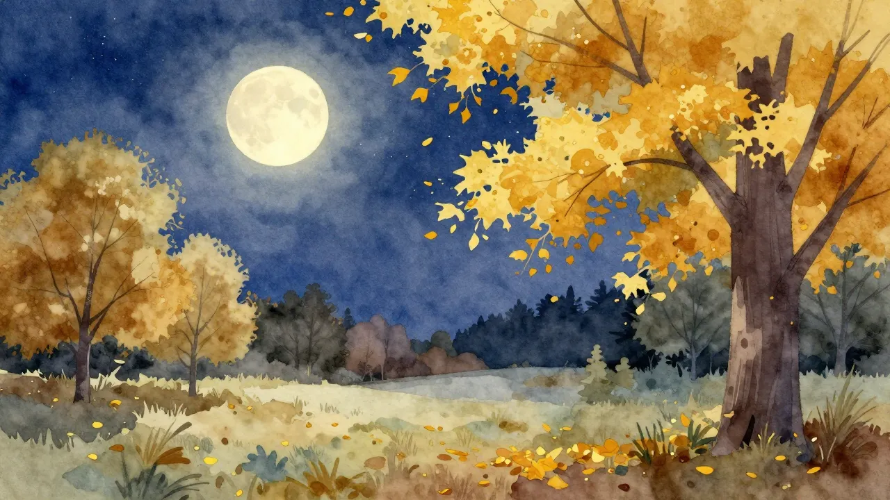 Watercolor style. Beautiful autumn night landscape, pastel c...