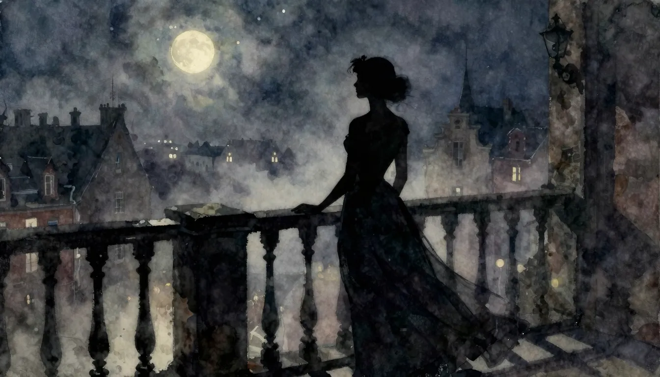 Watercolor style. A silhouette of a woman in a long flowing ...