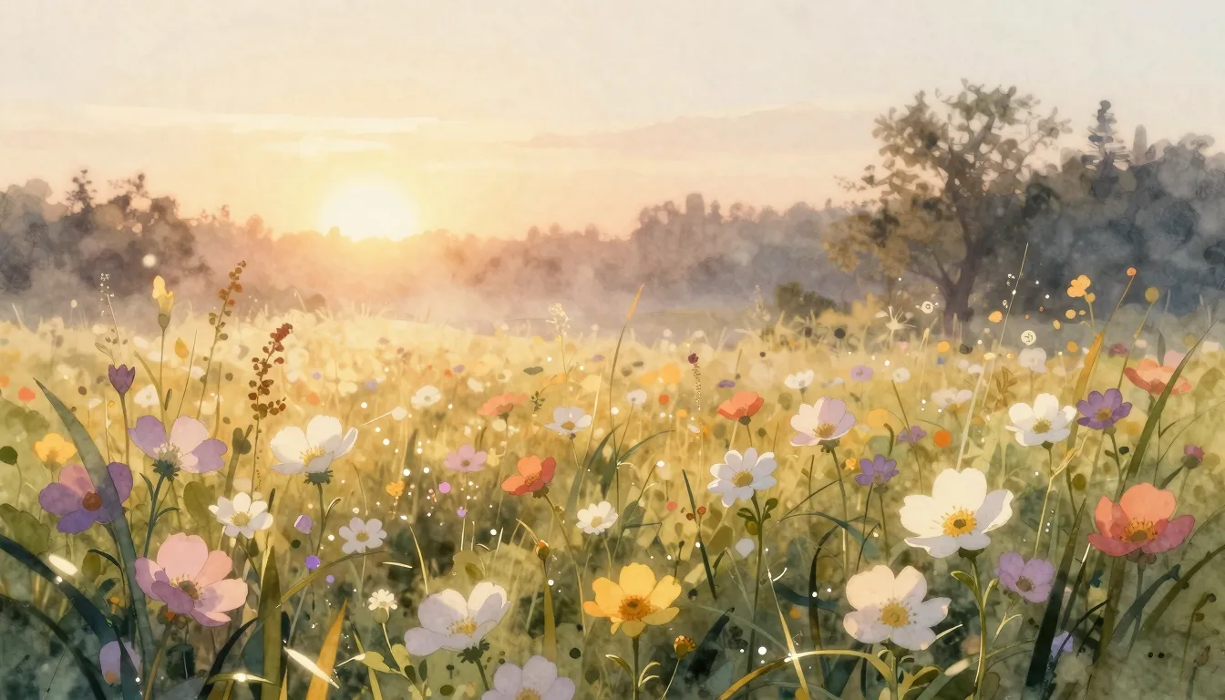 Watercolor style. A warm sunrise over a blooming meadow, sof...