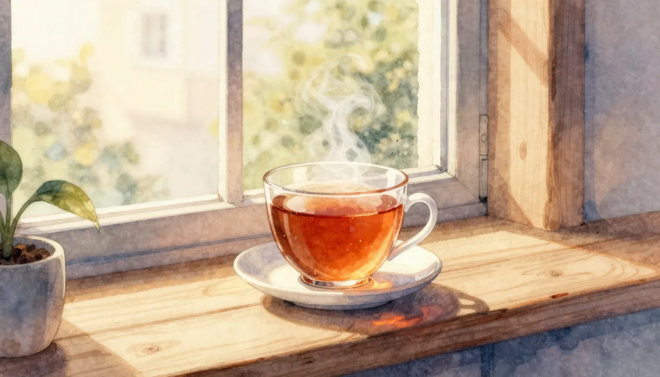 Watercolor style. Cozy morning scene, a cup of hot tea on a ...