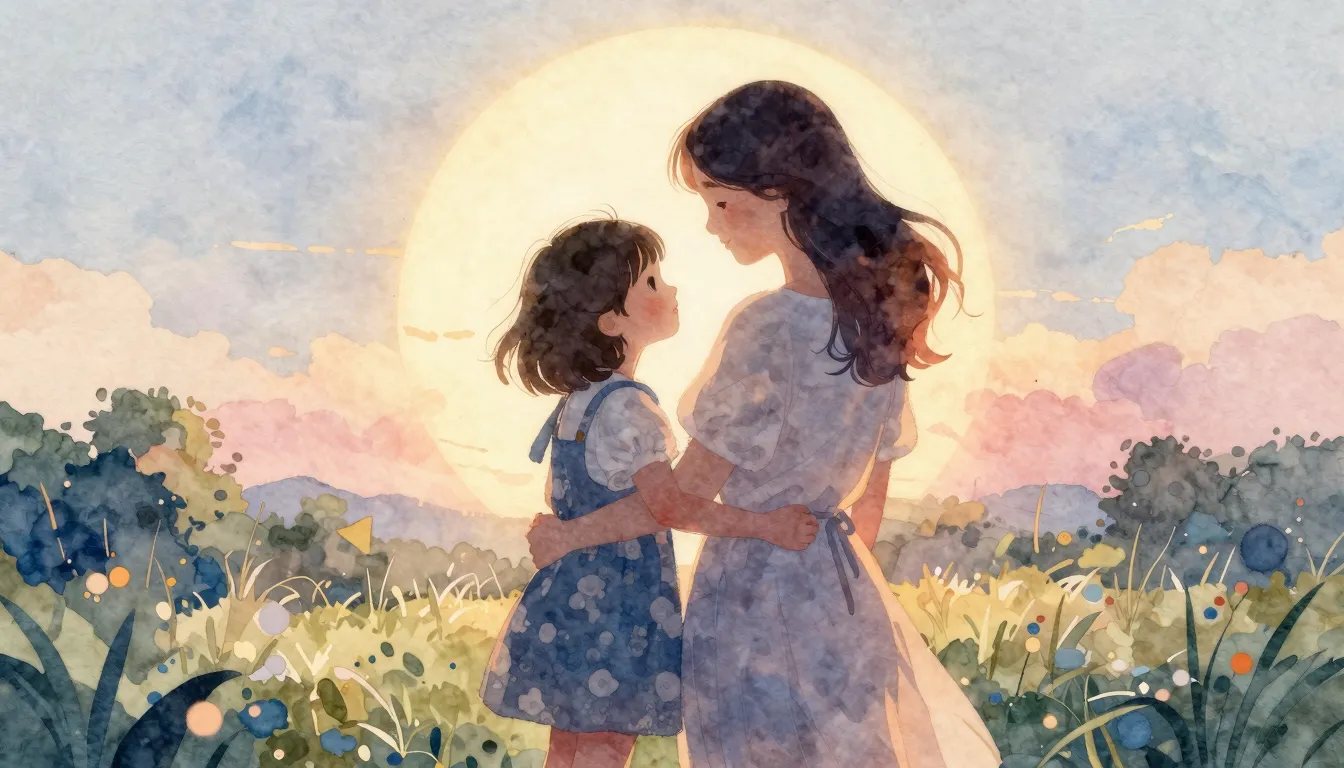 Watercolor style. A warm silhouette of a mother and daughter...