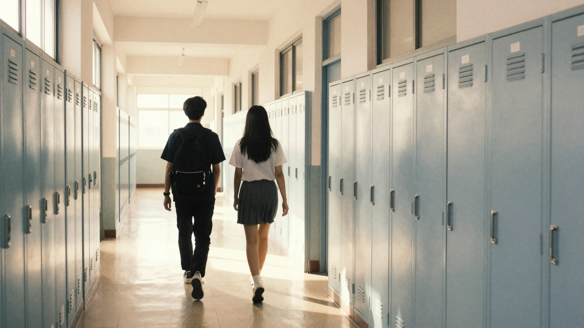 Watercolor style. Silhouettes of two teenagers walking throu...