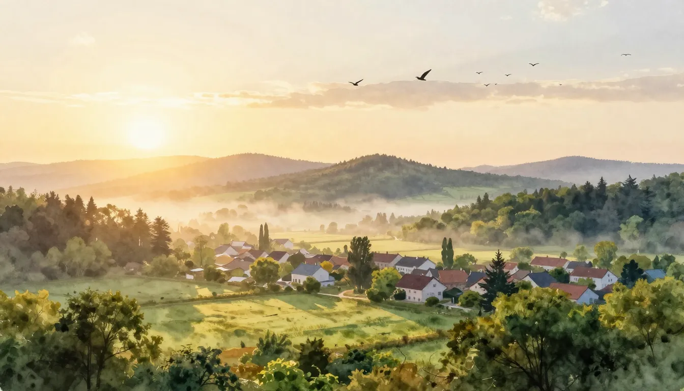 Watercolor style. A beautiful golden sunrise over a peaceful...