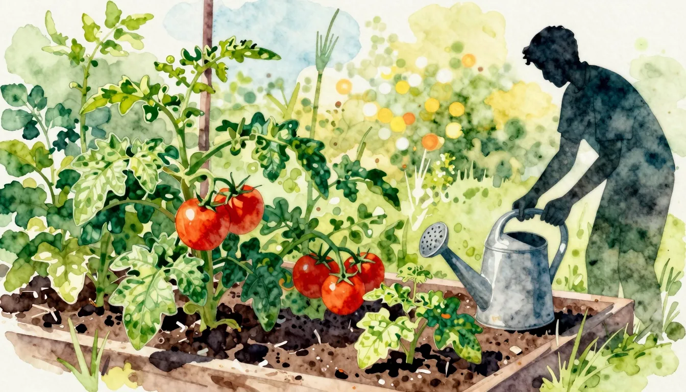 Watercolor style. A bright sunny vegetable garden with green...