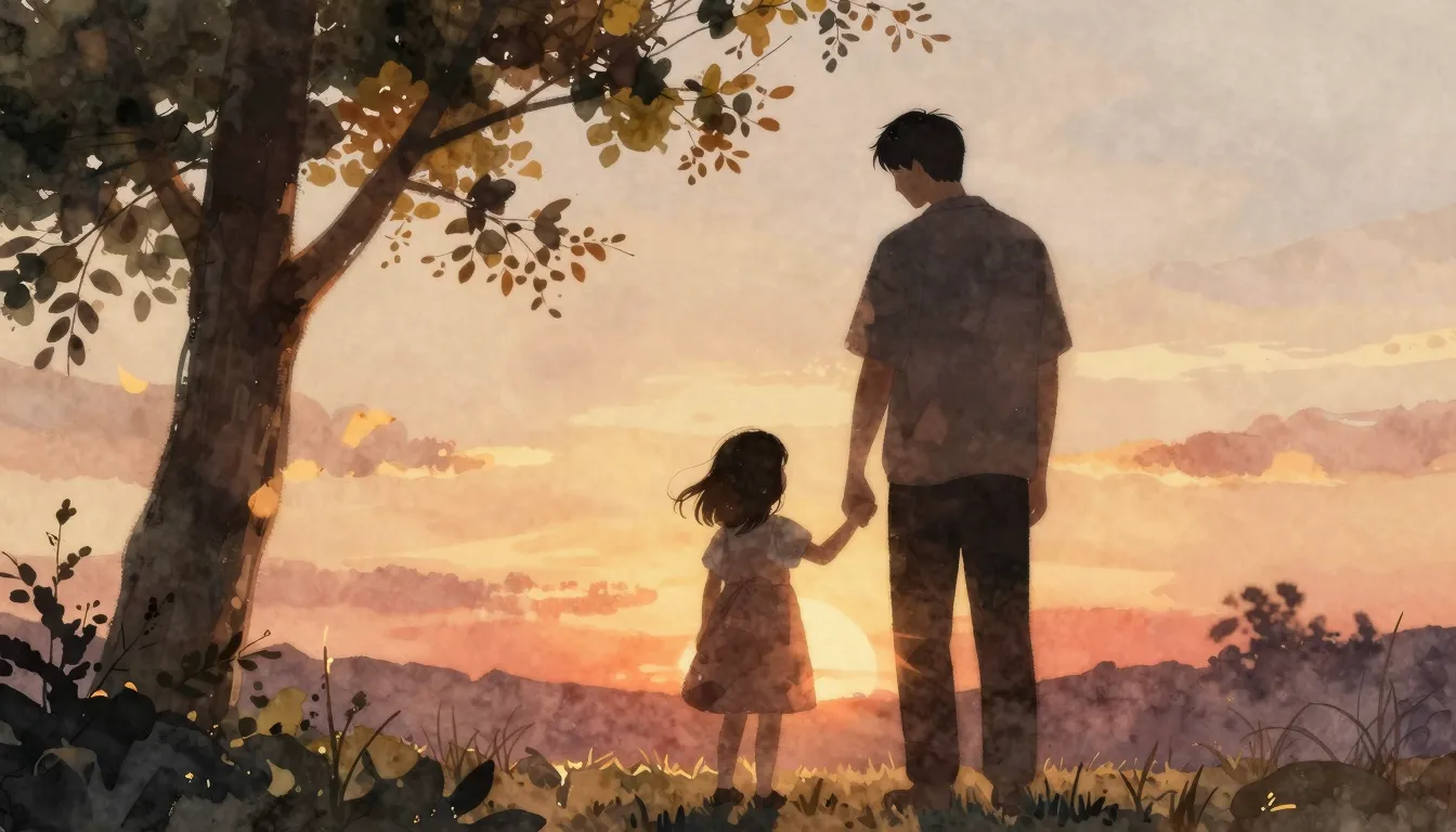 Watercolor style. A silhouette of a father and a little daug...