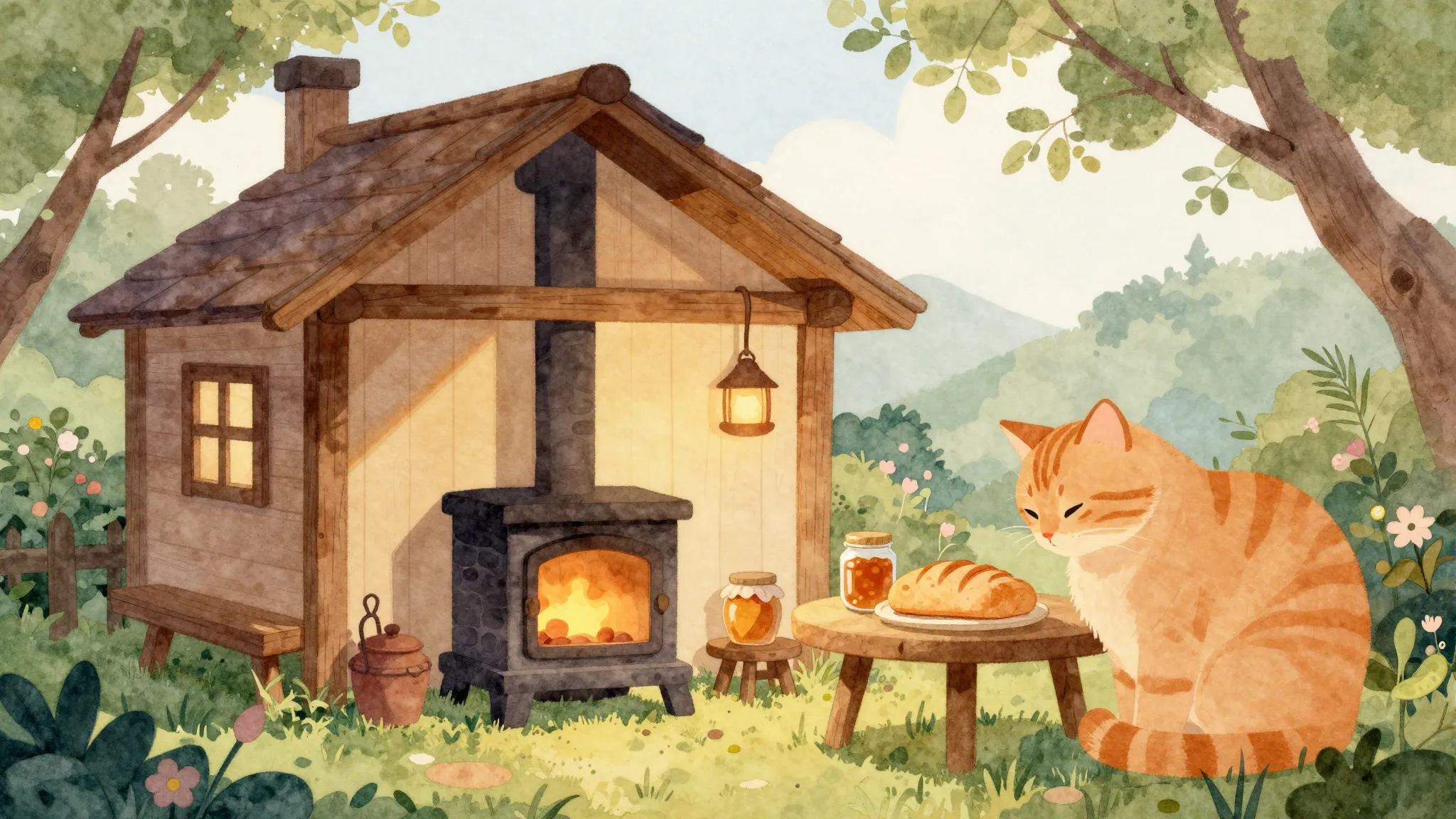 Watercolor style. Silhouette of a cozy wooden house in a blo...