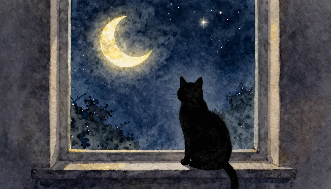 Watercolor style. Silhouette of a cat sitting on a windowsil...
