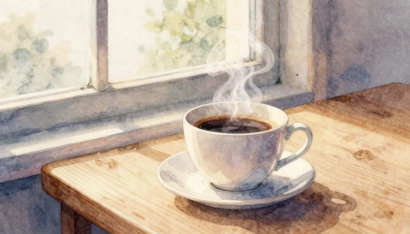 Watercolor style. A cozy morning scene, a cup of steaming co...