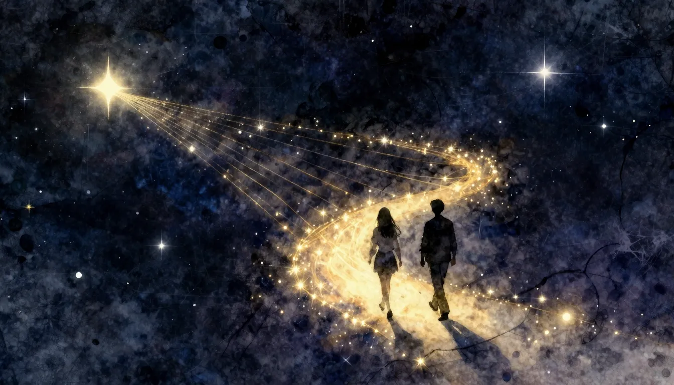 Watercolor style. Silhouettes of two people walking on a glo...