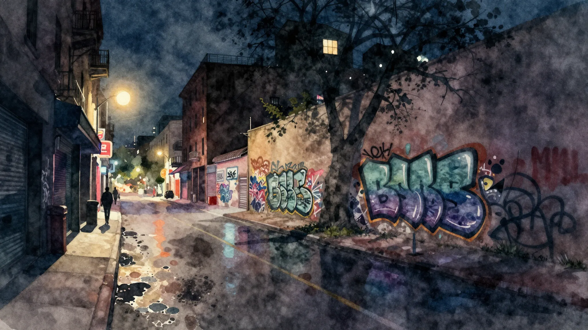 Watercolor style. Abstract dark urban night cityscape with n...