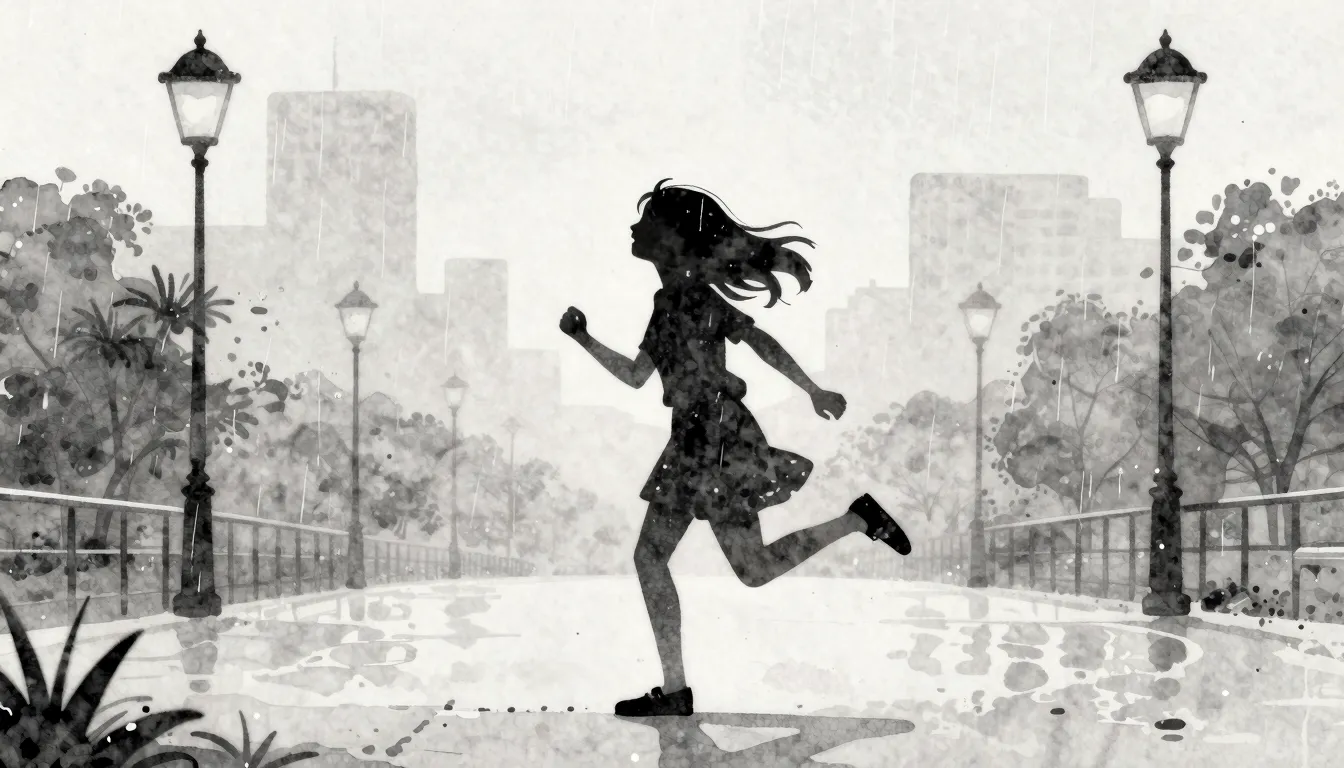Watercolor style. A silhouette of a girl running joyfully un...