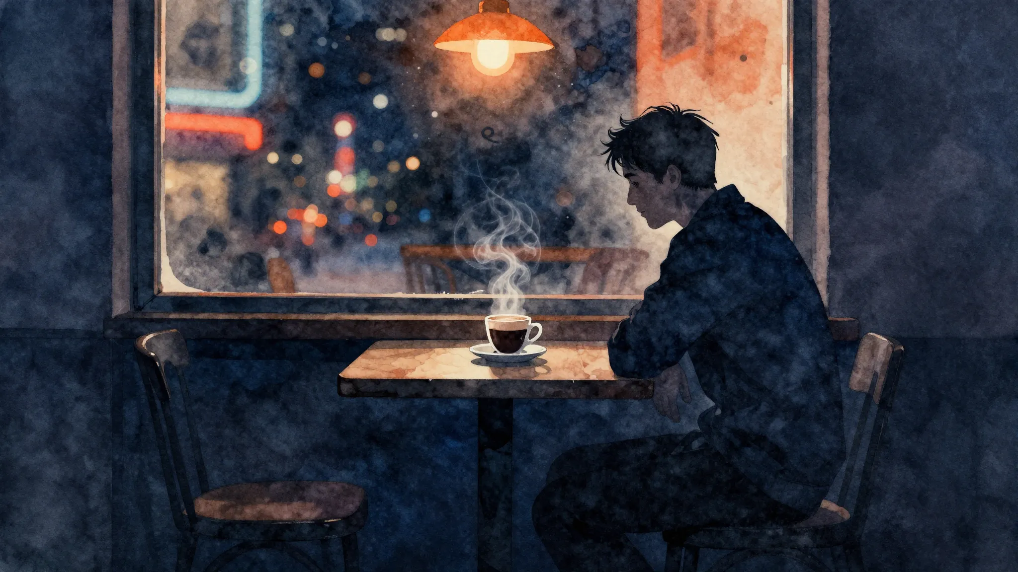 Watercolor style. A silhouette of a lonely man sitting at a ...