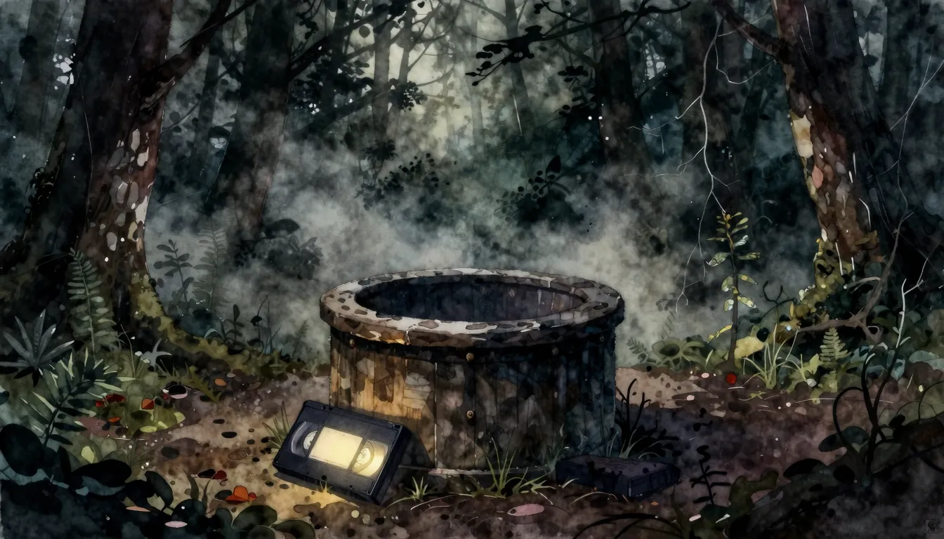 Watercolor style. A dark, eerie well in a dense forest, surr...