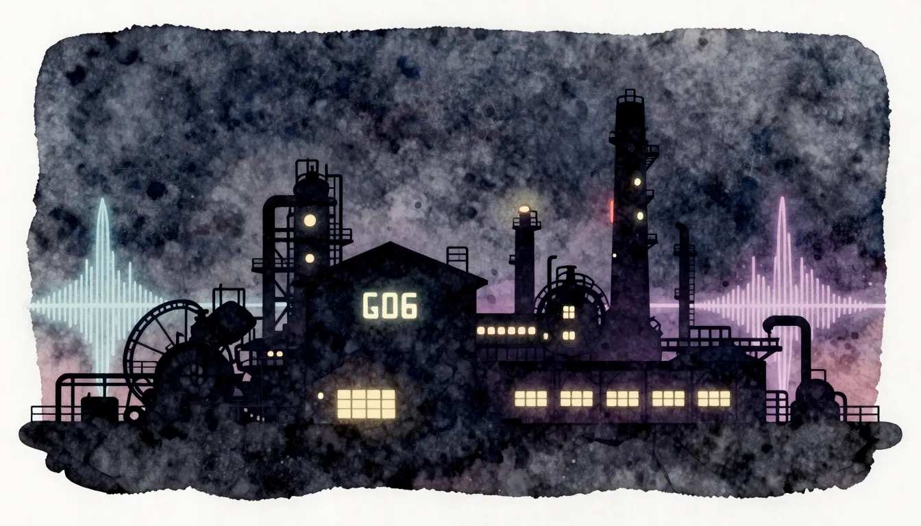 Watercolor style. Silhouette of a factory building with glow...