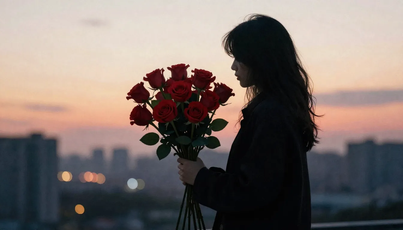 Watercolor style. A dark silhouette of a person holding a la...