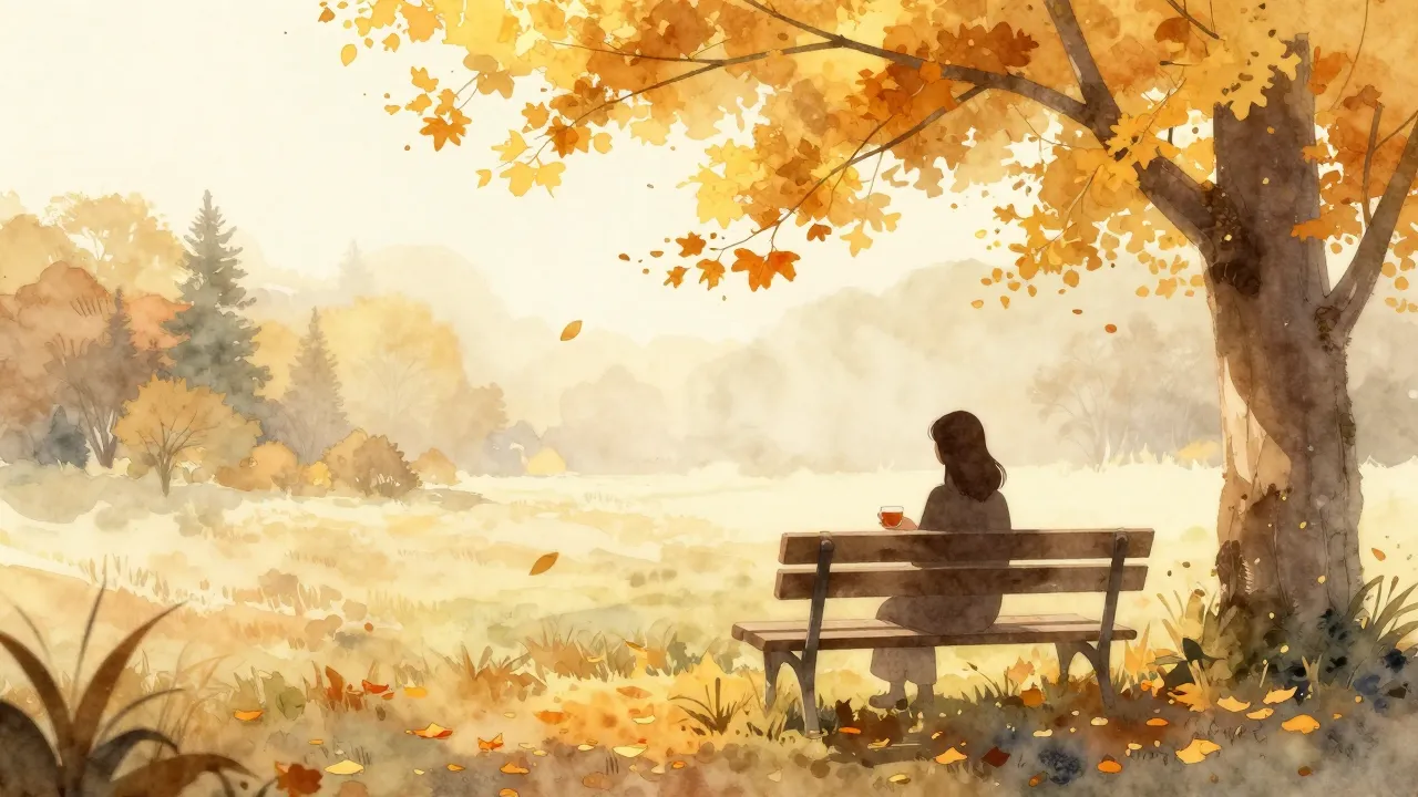 Watercolor style. A serene autumn morning landscape, golden ...