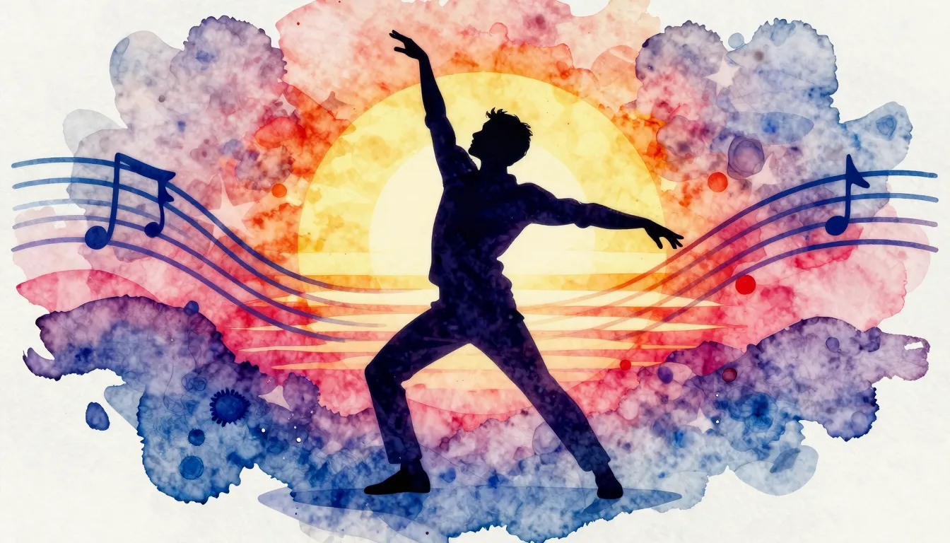 Watercolor style. A vibrant silhouette of a man dancing agai...