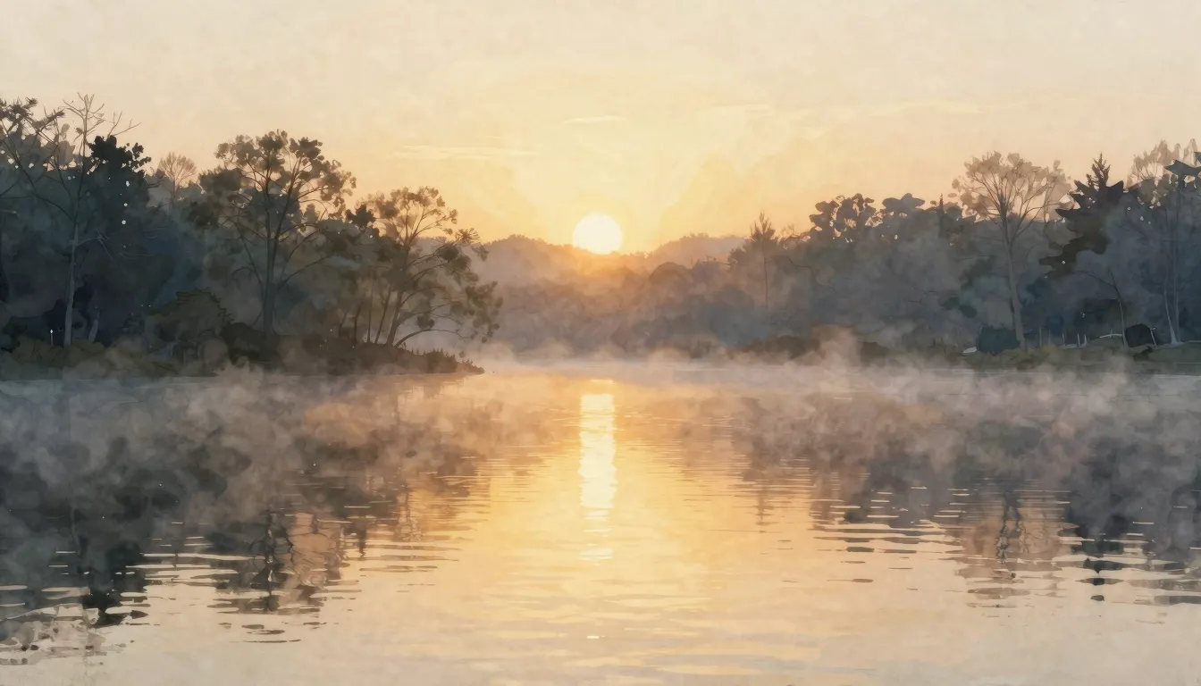 Watercolor style. A gentle sunrise over a calm lake, soft go...