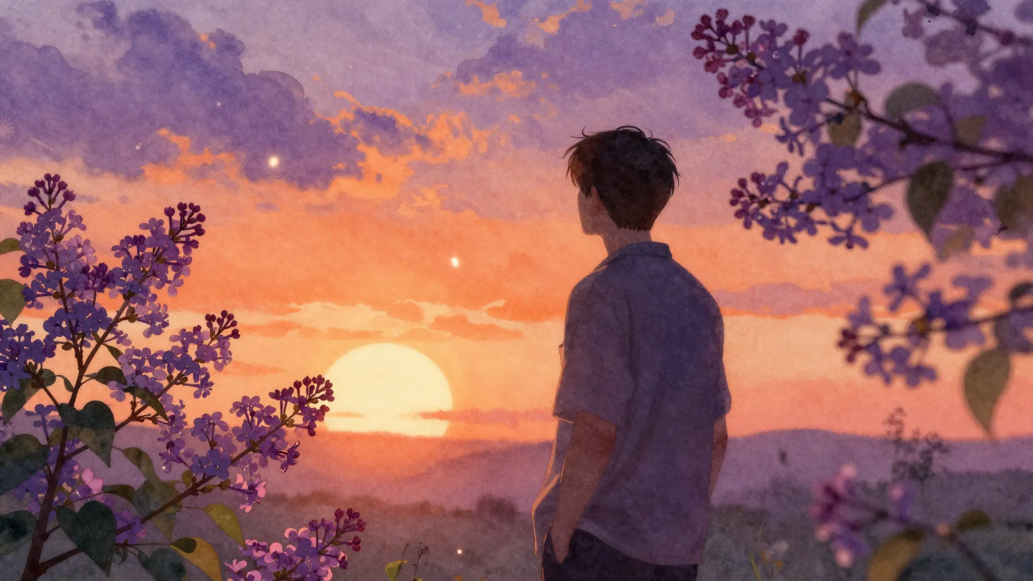 Watercolor style. A silhouette of a man against a bright ora...