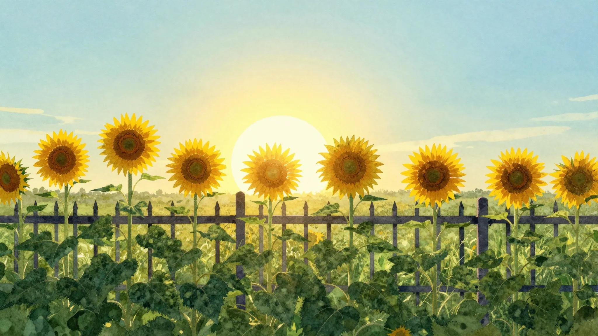Watercolor style. A silhouette of a garden fence and tall su...