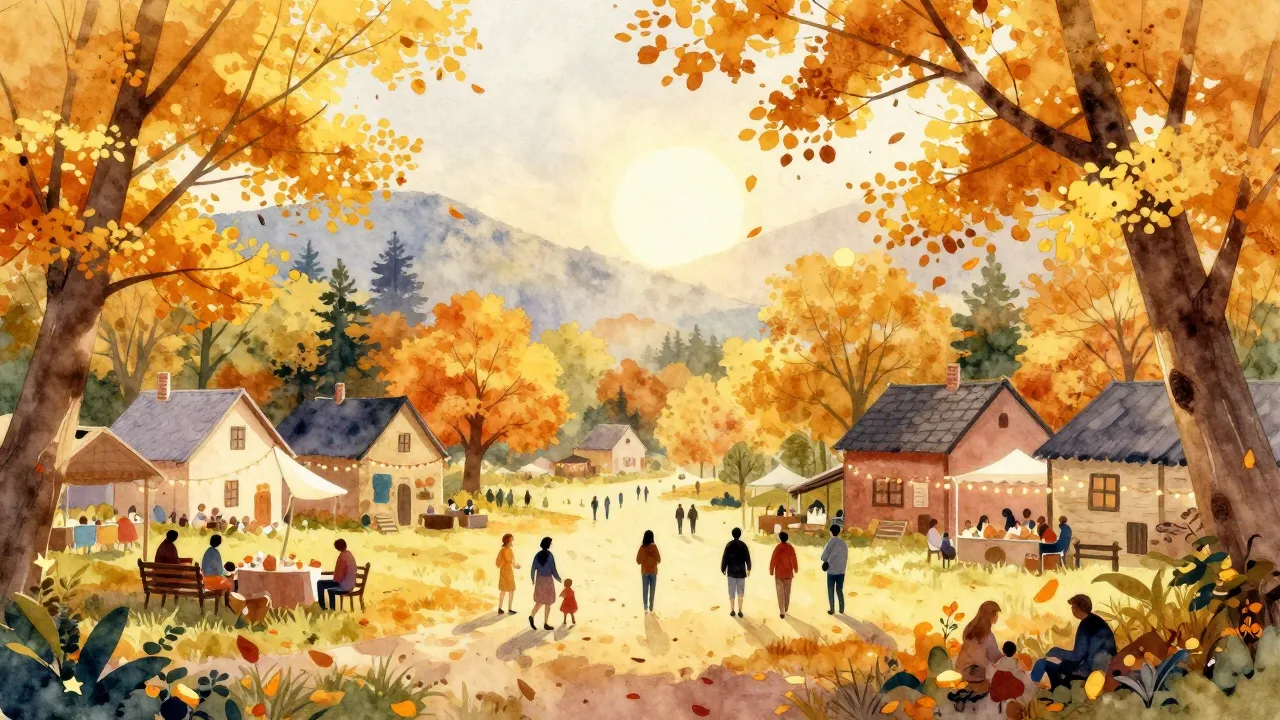 Watercolor style. A beautiful autumn landscape with a small ...