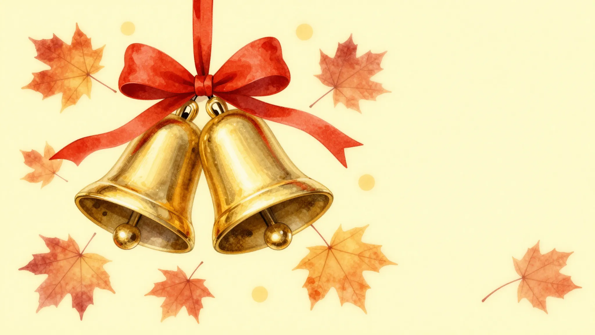 Watercolor style. A shiny golden bell with a bright red ribb...