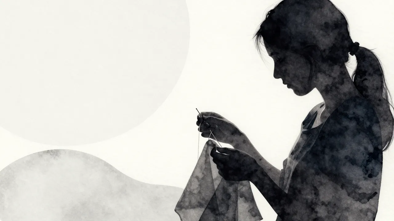 Watercolor style. Silhouette of a girl holding a needle and ...