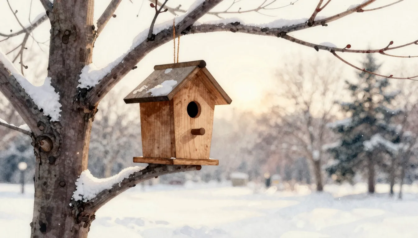 Watercolor style. A silhouette of a wooden birdhouse on a tr...